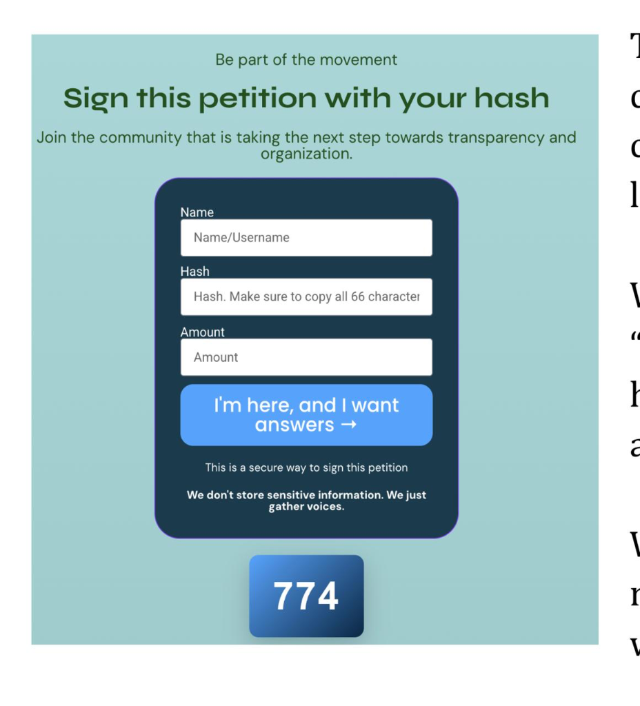 Screenshot of unauthorized petition form titled Sign this petition with your hash, asking for Name, Hash and Amount